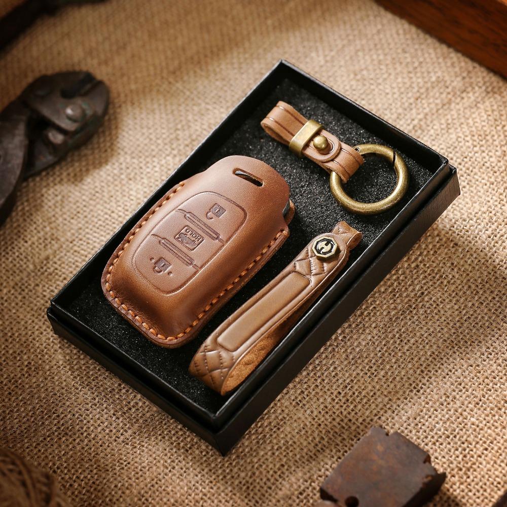 Handmade Leather Key Cover for Hyundai IX35 Elantra Verna Retro Style Car Key Protector