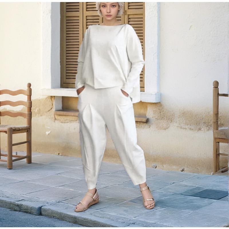 Modisches Rundhals-Langarm-Freizeithemd Zweiteiliges lockeres Hosenset Herbst Einfarbig Übergröße Hosen mit Taschen Hosenanzug Damenbekleidung 1846