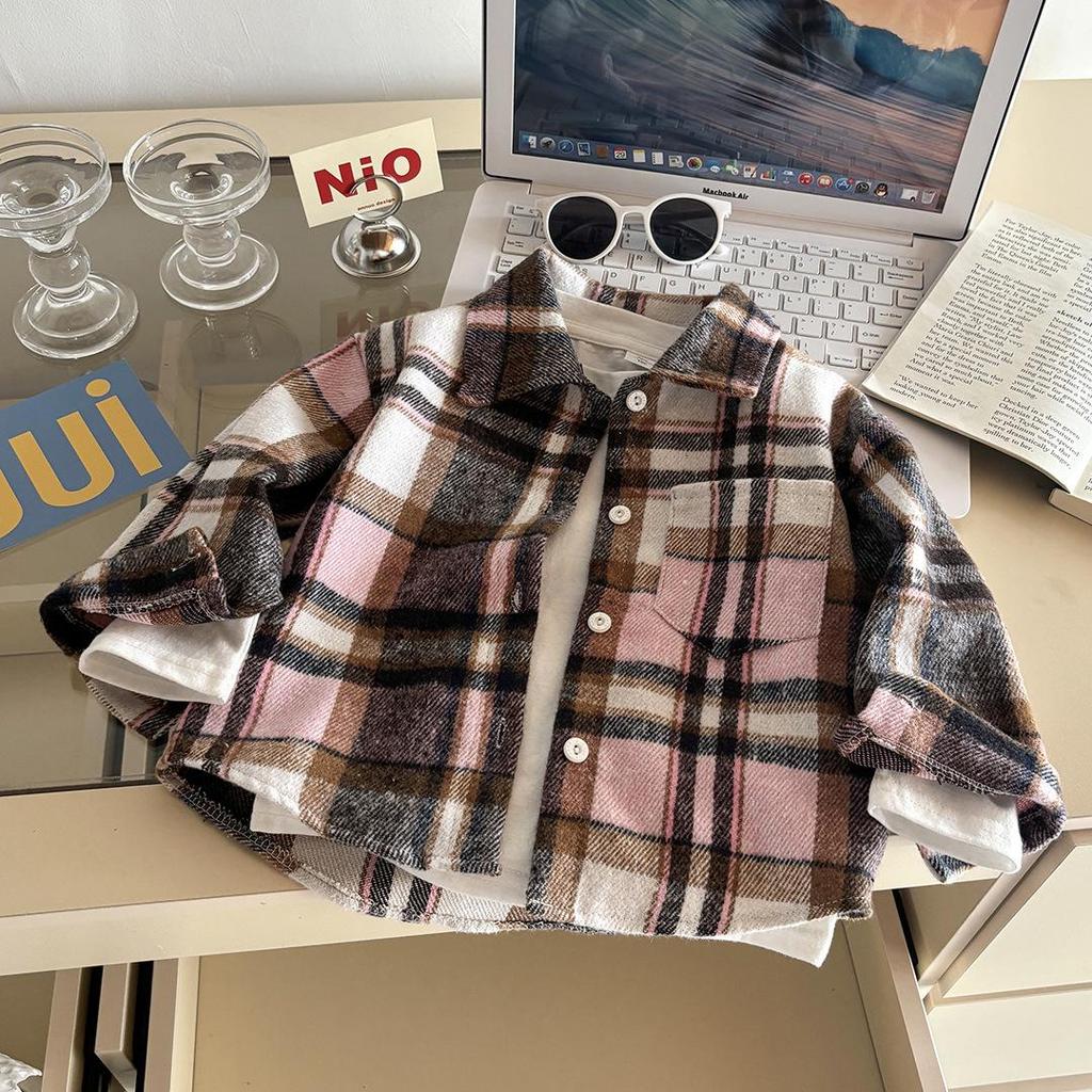 Kids' Retro Plaid Long-Sleeve Shirt with Lapel Collar - Unisex Autumn Cardigan Outerwear