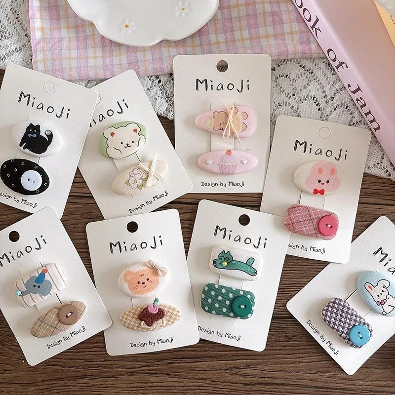 2pcs Cute Cartoon Hairpins Printed Fabric Children's Bangs Side BB Clip for Kids Girls Plaid Hair Clips Hairpin Hair Accessories