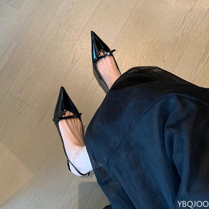 Fashion 2025 Ladies French New Summer Sandals Pointed Patent Leather Mid-heel Sandals for Women Retro Skinny Heel Back Empty Shoes Mujer
