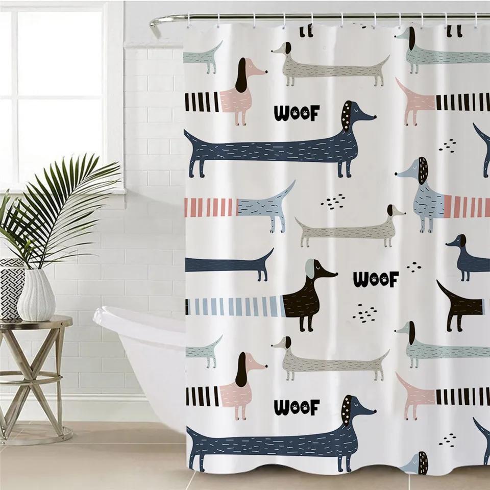 Dachshund Cartoon Dog Shower Curtain Polyester Waterproof Curtain Geometric Striped Kids Bath Curtain Home Decor with 12 Hooks