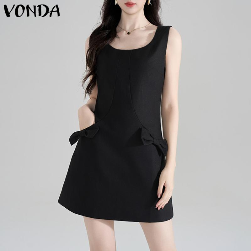 VONDA Women Sleeveless Side Zip-up Bow Knot Casual Mini Dress