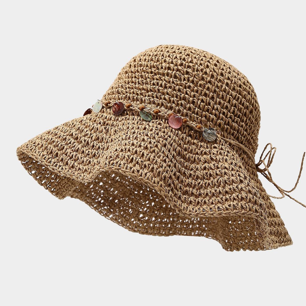 

Summer Hollow Sun Protection Crochet Straw Hat Breathable Vacation Wide Brim Woven Women s Beach Hats 56-58cm