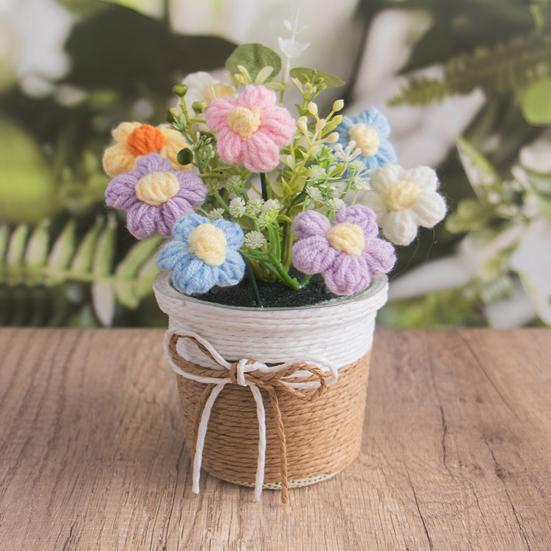 Handmade Crochet Flower Bouquet with Pot, Cute Little Knitted Potted Flower for Car Dashboard, Home Office Decoration, Gift for Birthday, Anniversary