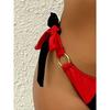 Ensemble Bikini Femme Color Block Rouge et Noir avec Détail Anneau Doré Maillot de Bain Dos Nu Triangle