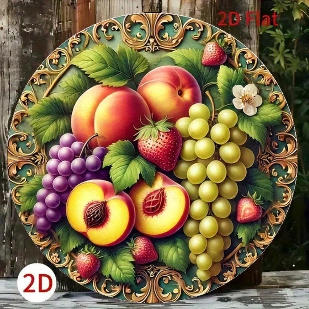 Vintage Metal Wall Sign 8x8 Inch Rustic Fruit Tin Art Peach Grape Strawberry Retro Decor for Home Bar Cafe