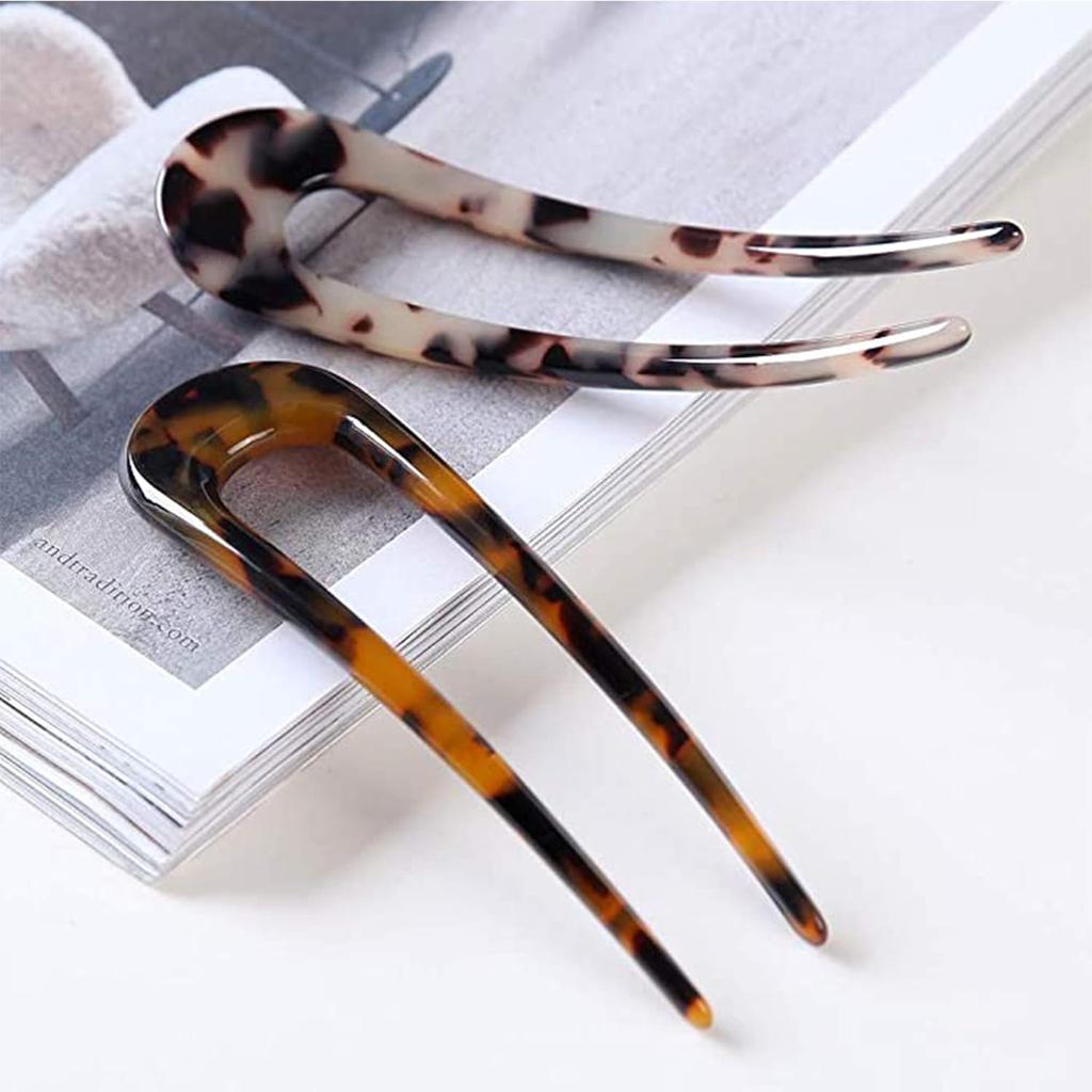 TsLinc 10 Pcs French Style Cellulose Acetate Tortoise Shell U Shaped Hair Pin Fork 2 Prong Updo Chignon Pin U-shaped Hair Pins Stick for Women Girls