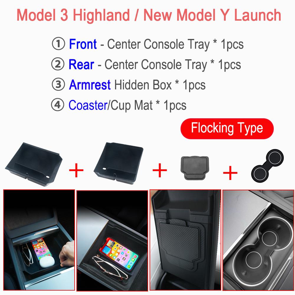 Center Console Organizer For New Tesla Model 3 Highland Model Y Launch Tray Armrest Storage Box Cup Holder Mats Trim Accessories