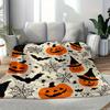 Halloween Blanket Soft Flannel Throw with Jack-O'-Lanterns, Witch Hats, Bats Orange/Black/Beige Spooky Decor Couch, Bed, Camping