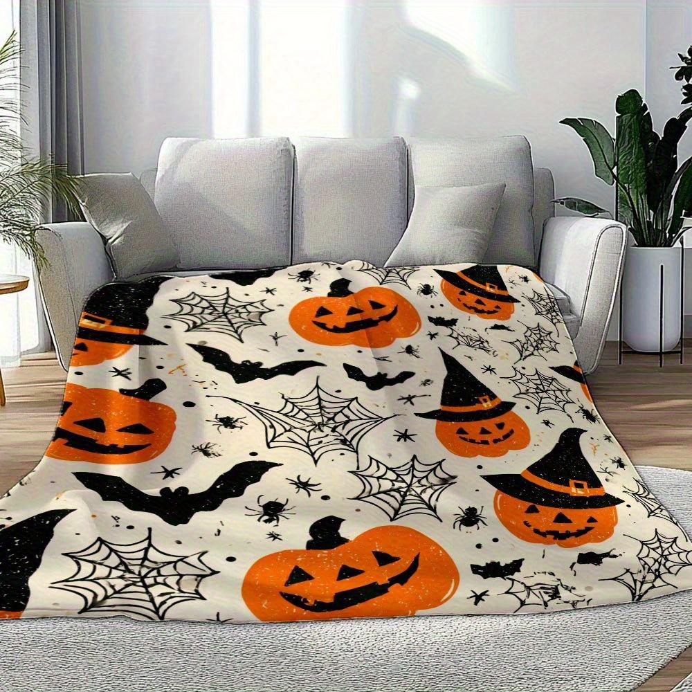 Halloween Blanket Soft Flannel Throw with Jack-O'-Lanterns, Witch Hats, Bats Orange/Black/Beige Spooky Decor Couch, Bed, Camping