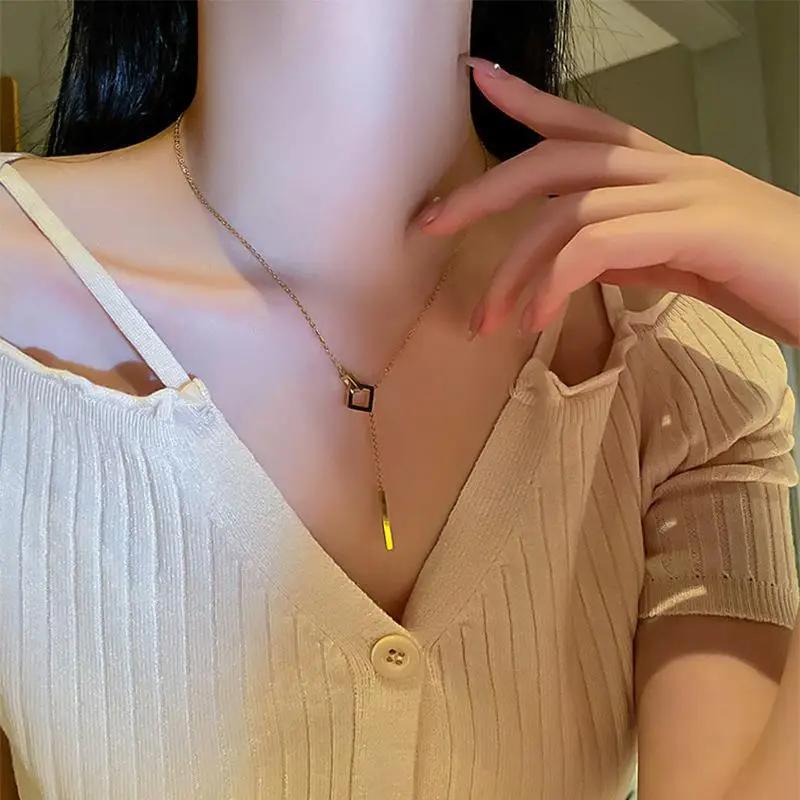 Personality Design Gold Color Stainless Steel Geometric Square Cross Long Pendant Necklace for Women Charm Collar Jewelry Gift