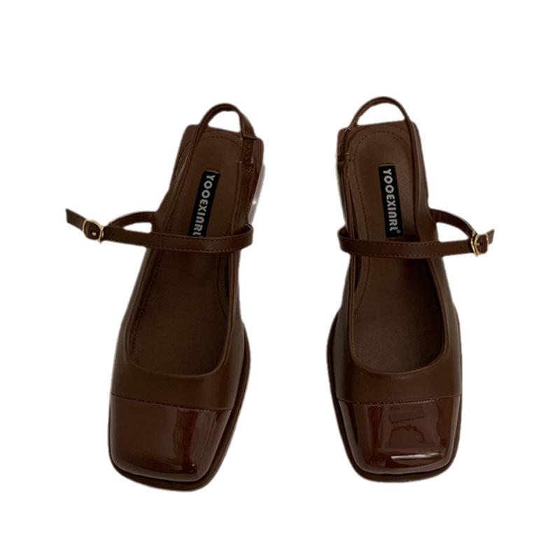 Design sense niche French retro square head Mary Jane shoes fairy style thick heel bag head sandals empty single shoes