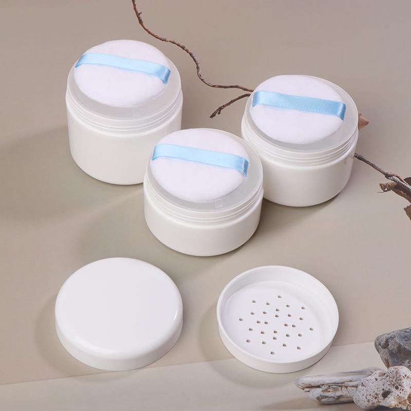 Pojemnik na sypki puder wielokrotnego napełniania 200/250/300g – Z sitkiem w wieczku i gąbeczką, do utrwalania, pudru typu „honey” i pudru do twarzy