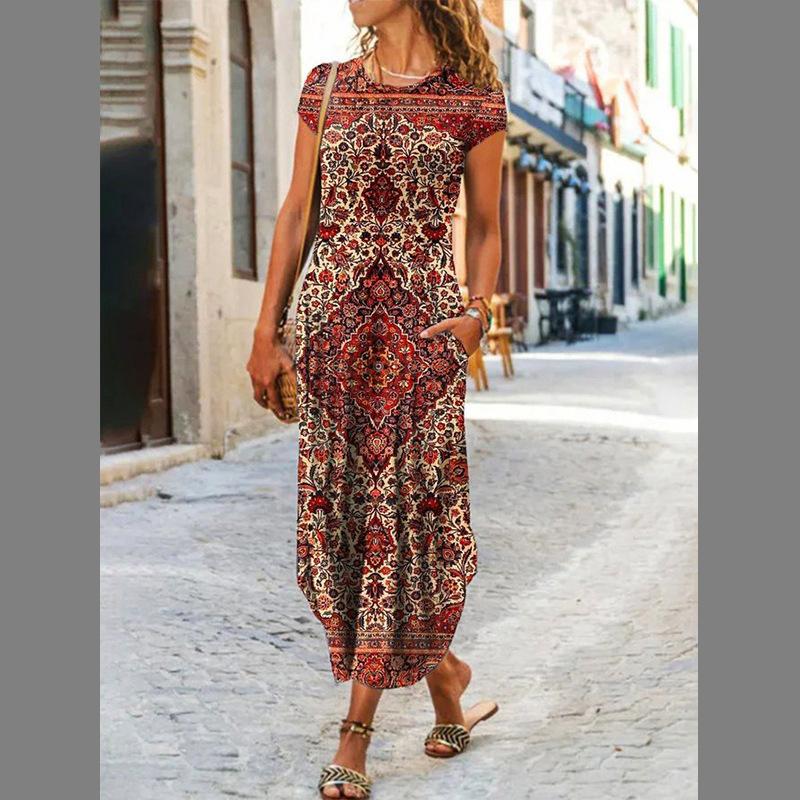 

Модное повседневное женское платье с круглым вырезом и карманами в европейском и американском стиле с короткими рукавами и рисунком с принтом S