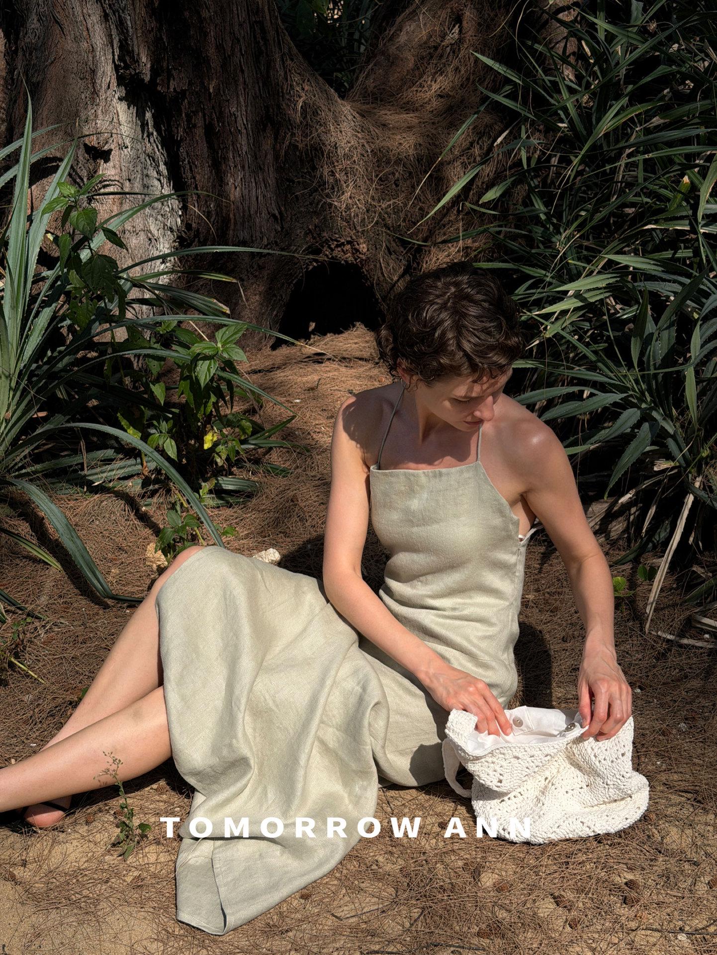 Tomorrowann Women s Elegant Backless Pure Linen Halter Dress, Style 12533 Small