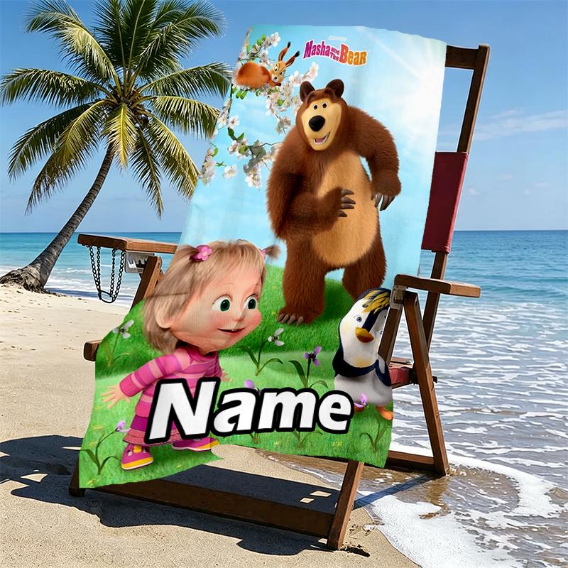 Asciugamano da Spiaggia Personalizzato con Nome Masha e Orso, per Viaggio Campeggio Festa in Spiaggia Decorazione Casa, Regalo di Compleanno per Famiglia e Amici