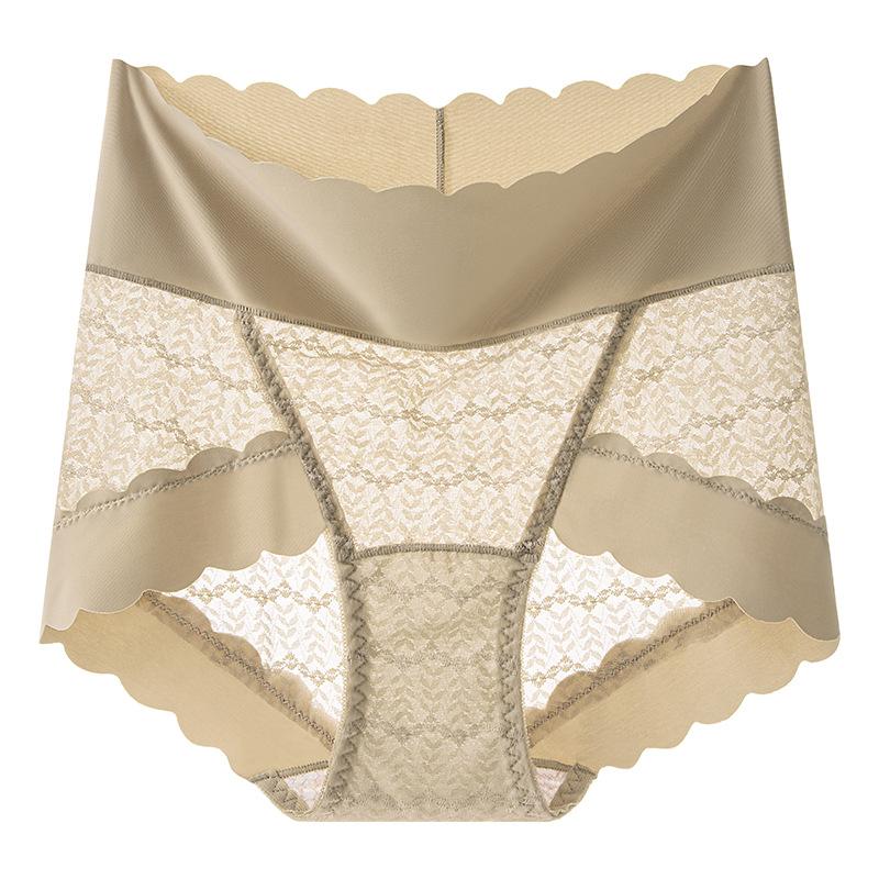 Ladies Spring and Summer Sexy Lace High Waist Belly Not Roll Edge No Mark Mulberry Silk Anti  Antibacterial Briefs