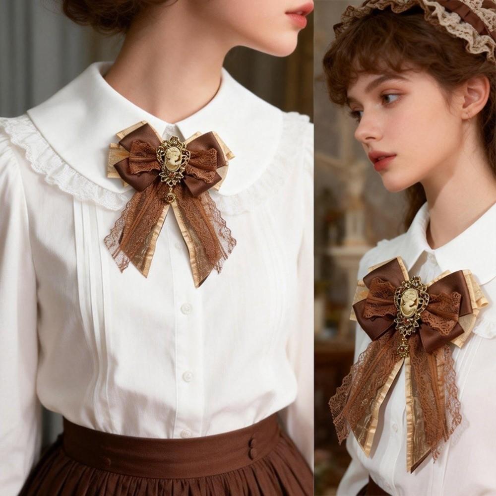 Alloy Lace Ribbon Bow Tie Enchase Design Solid Color Vintage Lolita Necktie Multi-layered Brooch Decoration Shirt Tie Women