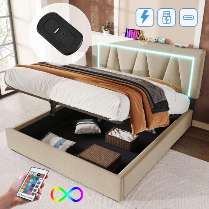 Lit LED Tapissé Avec Éclairage LED USB Type C, Cadre De Lit En Lin Lit Jeune 160x200 Avec Sommier À Lattes (avec Matelas)