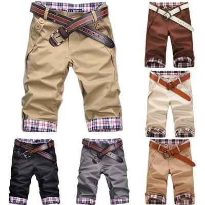 Summer Beach Casual Men Plaid Patchwork Turn Up Cuff Shorts Fifth Pants Trousers