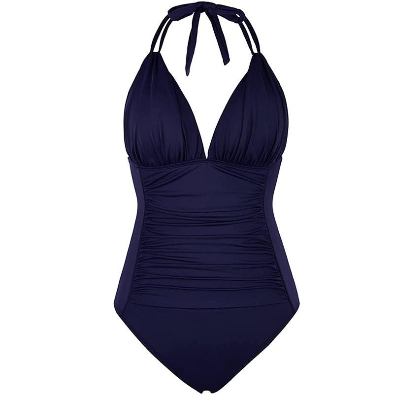 Womens Ruched One-Piece Swimsuit With Neck Tie Tummy Control Built-in Pad No Underwire Solid Color Bathing Suit Pool Beach