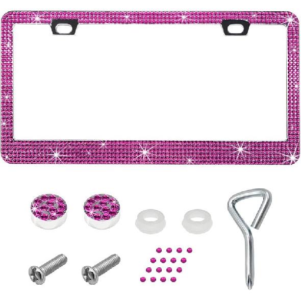 Bling License Plate Frame, Sparkly Rhinestone Diamond License Plate Cover With Crystal Screws Caps, Glitter Crystal Stainless Steel License Plate розовый