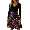 Women's Vintage Casual Halloween Dress with Long Sleeve V-Neck and Blood Drop Print