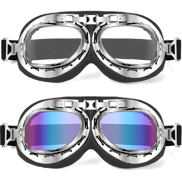 Мотоциклетные Очки 2 Штуки Винтажные Пилотские Авиаторские для Шлема Круизера Скутера Очки для Квадроцикла Мотокросса Внедорожного Транспорта Защитные Очки Silver Clear+ Silver Colo