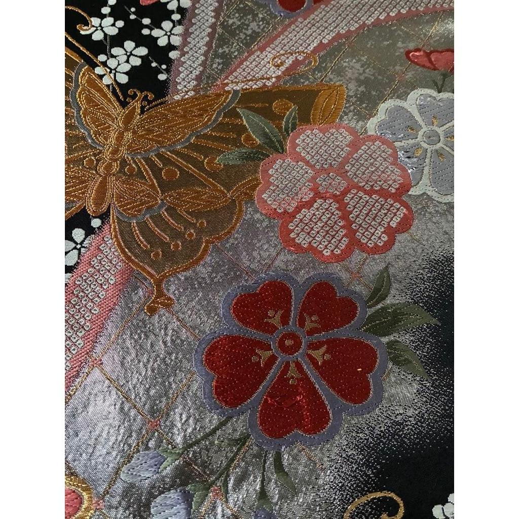 Used Fukuro Obi with Butterfly and Flower Pattern On Black Ground with Gold Thread