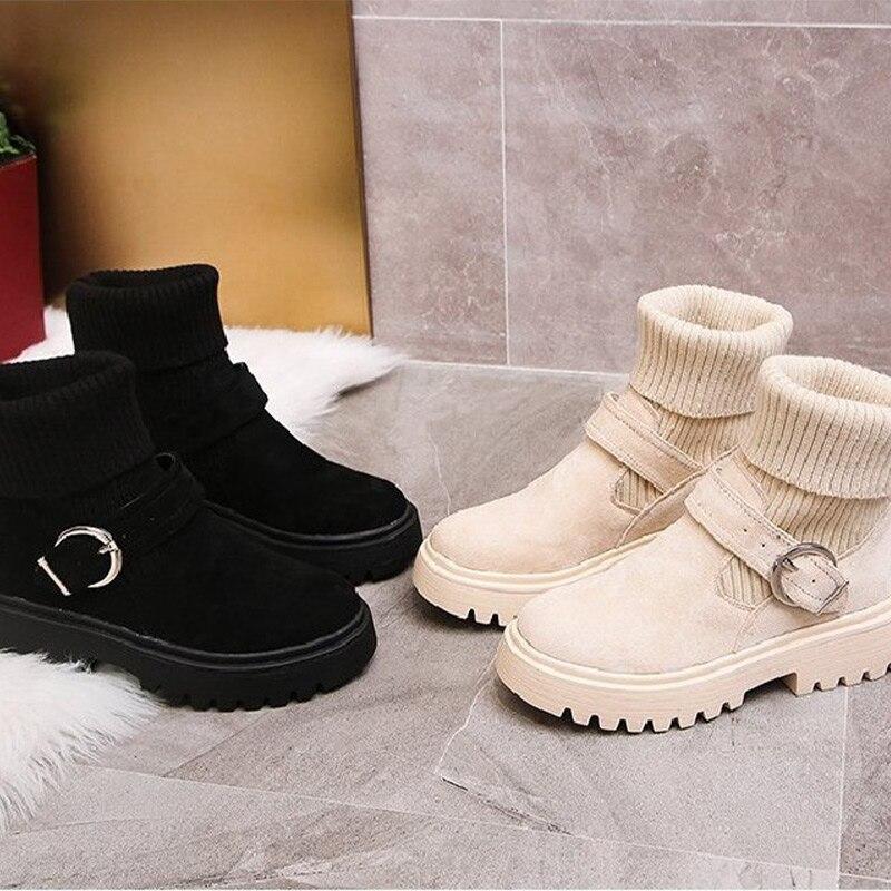 Women Ankle Boots Flock Patchwork Short Plush Slip-On Platform Belt Buckle Female Boot Comfortable Leisure Lady Winter Footwear