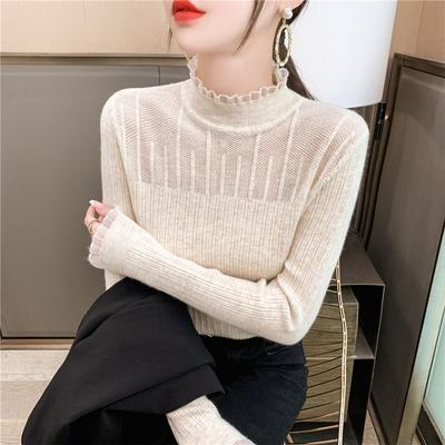 Autumn and Winter Women's Slim Fit Versatile Half High Neck Pullover with Bottom Sweater Lace Splice Sexy Hollow Knit