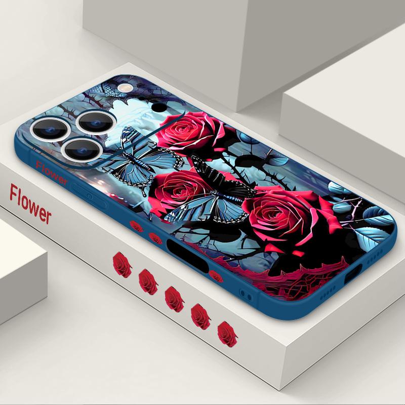 Étui Cordon Motif Fleurs Roses Rouges Pour iPhone 17 Pro Max Funda iPhone 16 15 14 13 Pro Max 11 16E 17E Coque Souple en Silicone