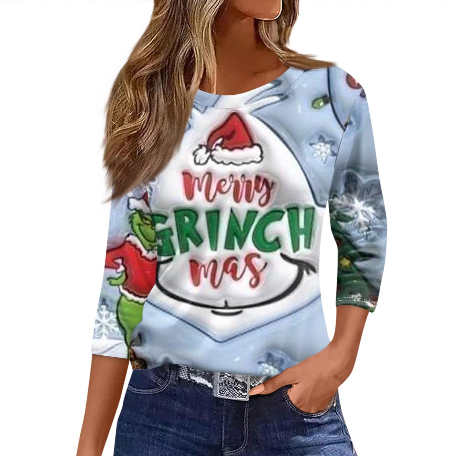 Top Casual de Moda para Mujer de Manga Tres Cuartos con Estampado Navideño y Cuello Redondo XL