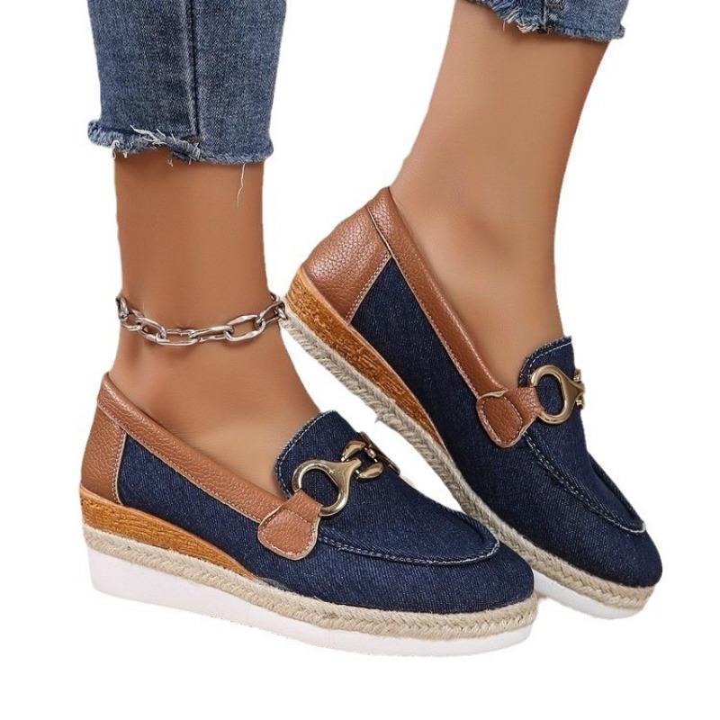 Large size wedge heel round head single shoes women's new chain metal buckle sponge cake shallow hemp rope woven women's shoes