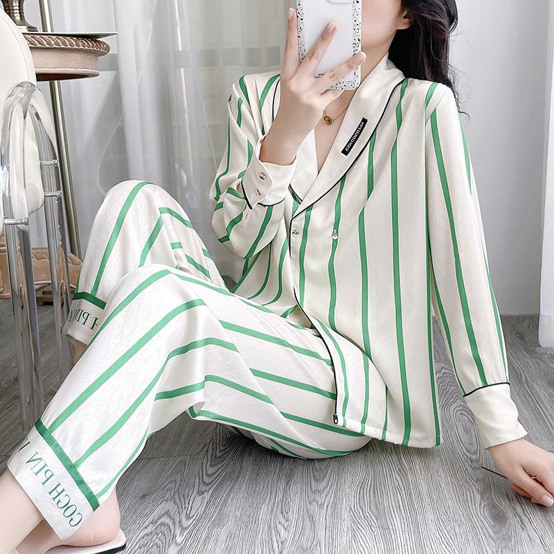 1011 new summer pajamas women's green striped ice and snow silk long-sleeved trousers thin suit Internet celebrity loungewear