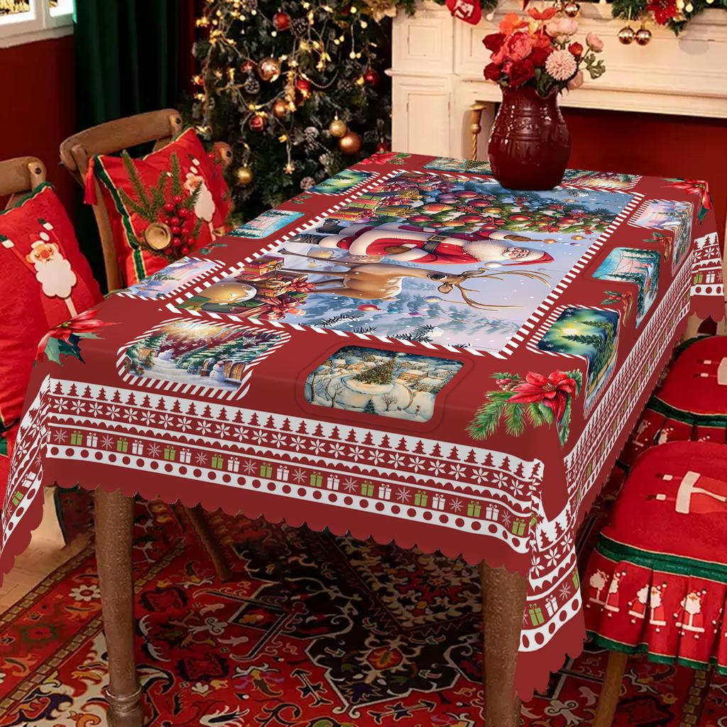 1 Piece Of Christmas Round And Rectangular Tablecloth, Various Sizes, Santa Claus And Christmas Tree Exquisite Scene Print Red Tablecloth, Christmas C