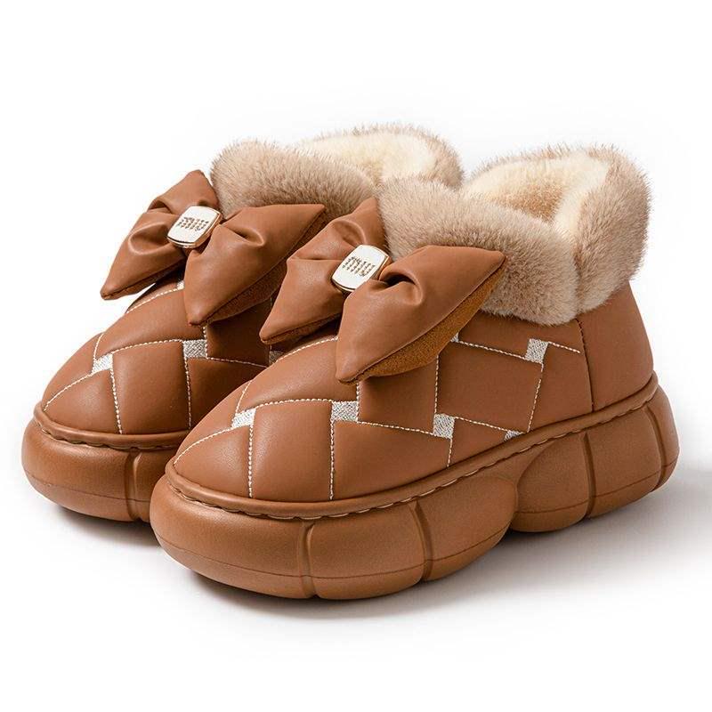 Women's Thick-Soled Waterproof Cotton Slippers - Men's Fashion, Warm Bow Style, Non-Slip for Outdoor Winter Wear.