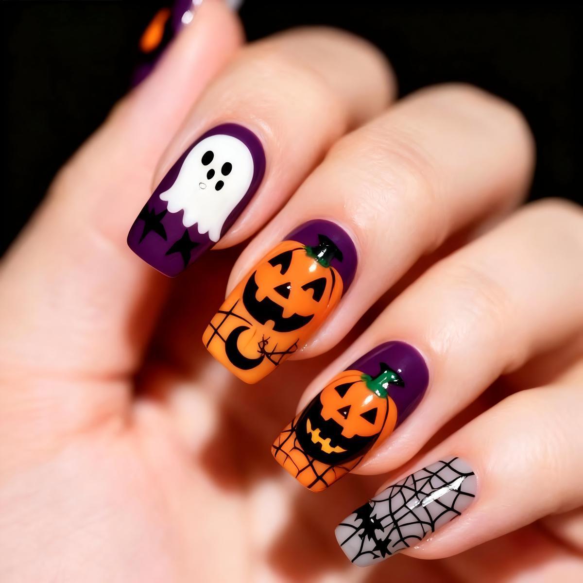 European & American Style Handmade Halloween Press-On Nails - Short Pumpkin & Ghost Design