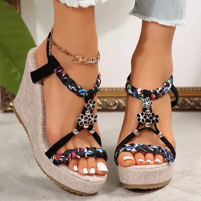 Fashion Printed Weaving Wedge Sandals for Women 2025 Summer Thick Bottom Beach Shoes Woman Flower Decor Chunky Platform Sandalias Mujer