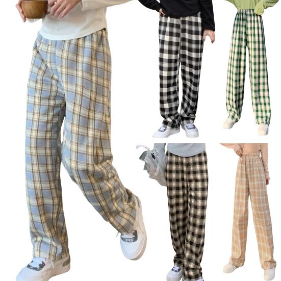 Dámské kalhoty elastický vysoký pas rovný široký kostkovaný potisk Zimní dlouhé kalhoty zesílená sametová podšívka teplé kalhoty
