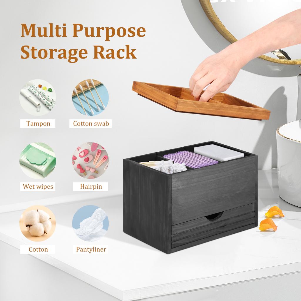 Bathroom Storage Box Wooden Tampon Box with Lid and Drawer 3 Compartment Feminine Product Organizer for Bathroom Countertops
