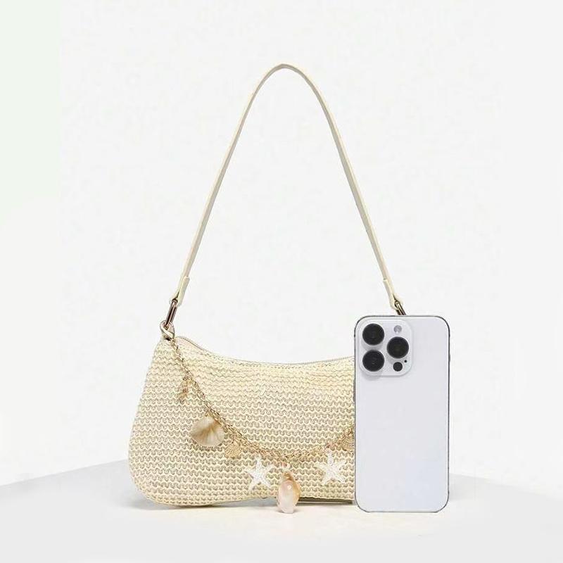 Yogodlns Summer Straw Handbag Purse Chic Weaving Shoulder Bags with Seashell Embellishments Tote Bag for Women Vacation