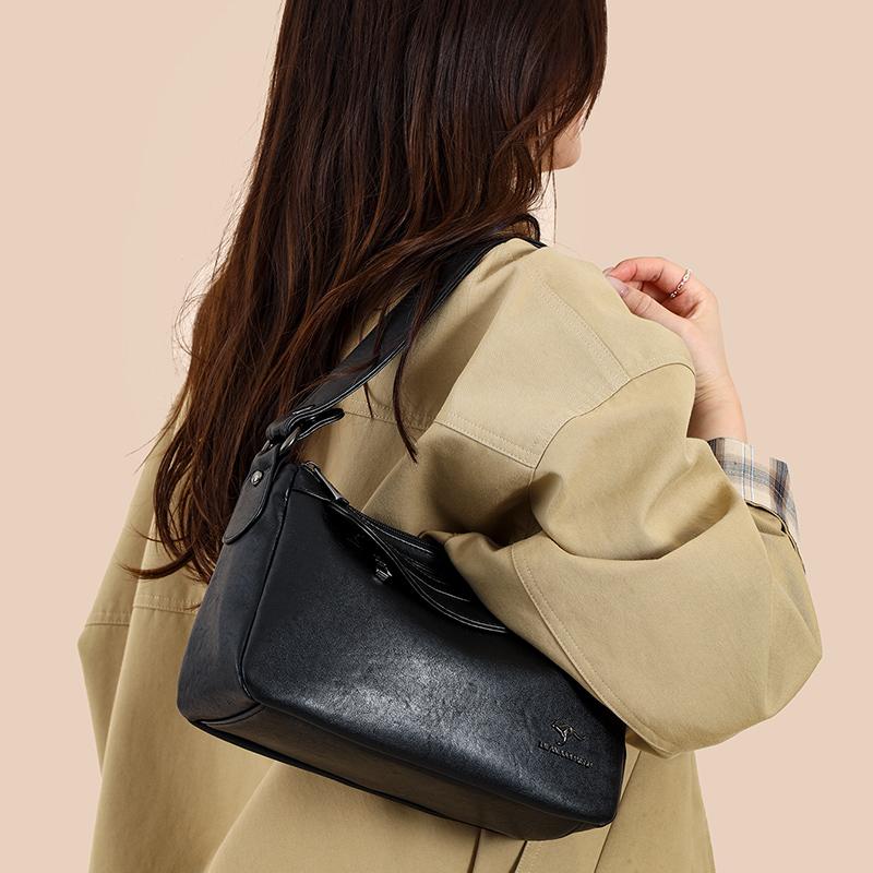 Modische Schultertasche aus Kunstleder, Damen Handtasche in Unifarbe, Retro Schultertasche, Umhängetasche mit mehreren Fächern, geeignet für den täglichen Gebrauch und zum Einkaufen