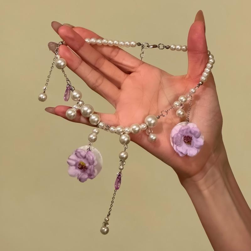 Elegant French Fabric Flower & Pearl Necklace: Glass Beaded Vacation Sweater Chain