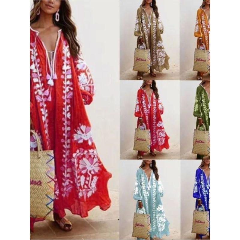 Long-Sleeve V-neck Print Loose Dress Long Sleeves V Neck Print Loose Long Dress