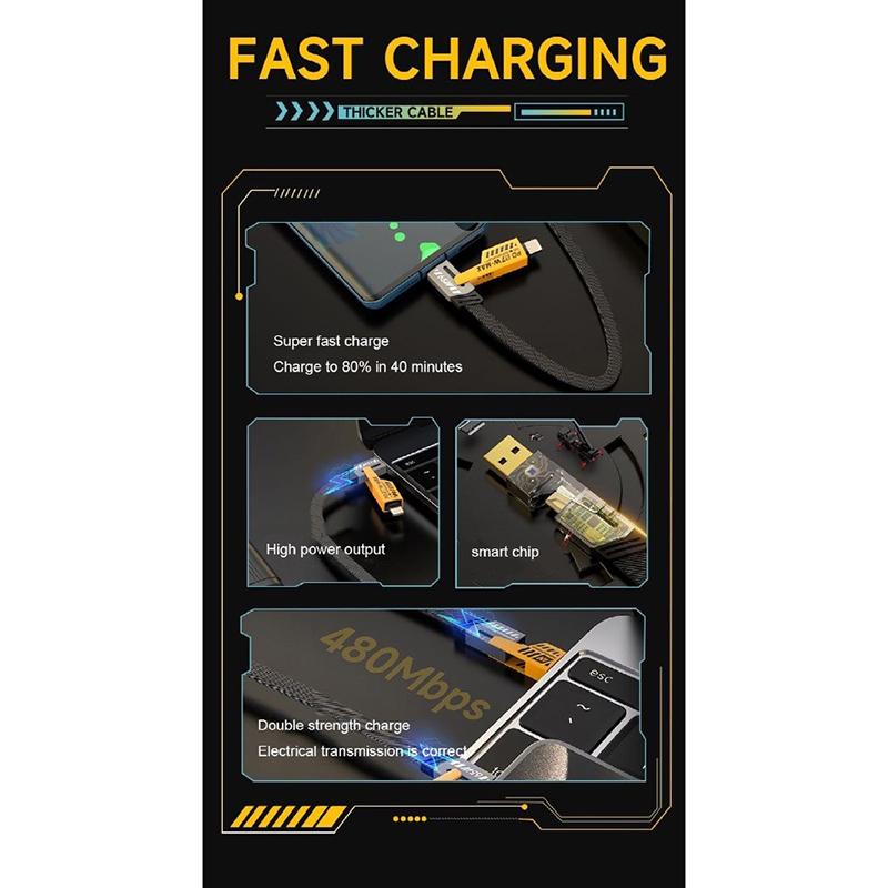 4 In 1 65W Fast Charging Usb Cable Type C Usb Micro For Iphone Samsung Huawei Xiaomi Multi Port Multiple Charging Wire