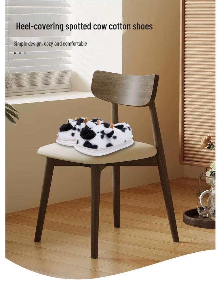 Cartoon Cow Furry Slippers with Thickened Heel, Warm Non-Slip Indoor Winter Clogs