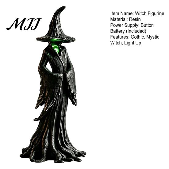 Spooky Resin Statue Halloween Witch Statue, LED Light Up Gothic Figurine, Mysterious Party Decoration Dark Fantasy Sculpture for Desktop Bookshelf