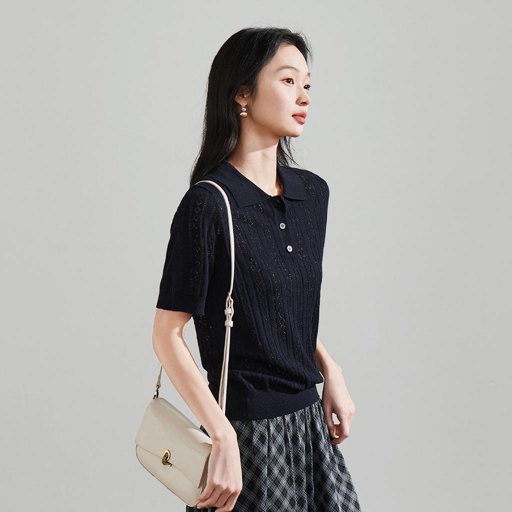 Hollow Out Polo Collar Short Sleeved Knitted T-shirt for Women In 2026 Spring Fashion, Versatile and Slimming Casual Top
